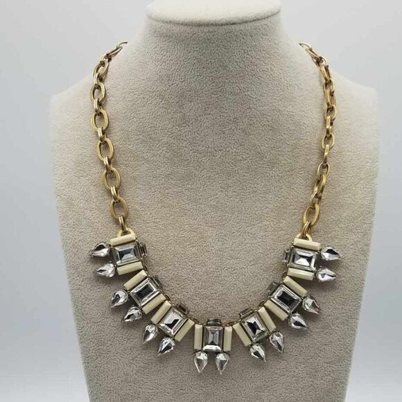 J Crew Clear Crystal White Stone Art Deco Necklace - Picture 1 of 12